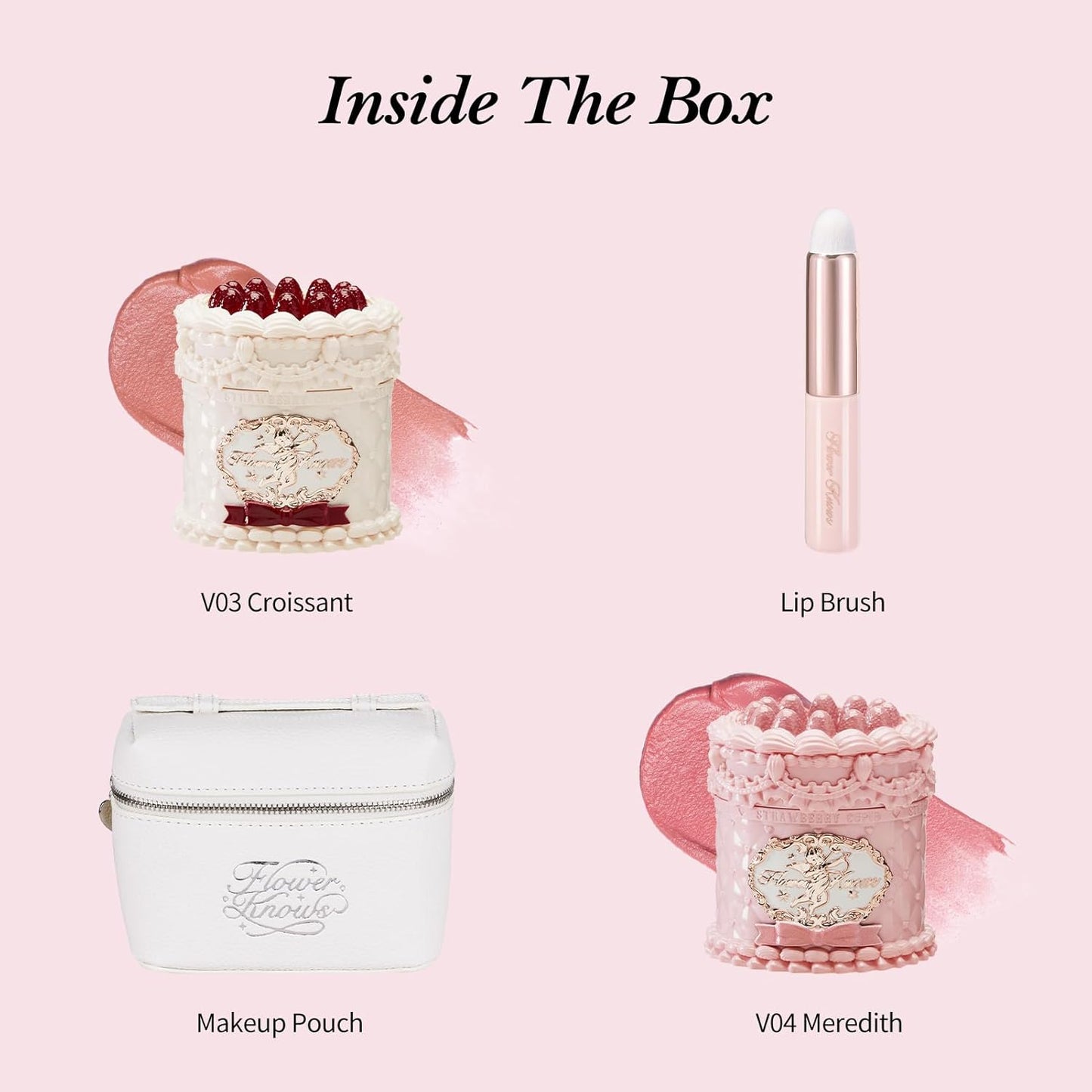 Flower Knows Enchanted Lip Kit,Strawberry Cupid Cake Lip Cream V03+V04 Set with Lip Brush & Leather Bag,4-Piece Makeup Gift Set