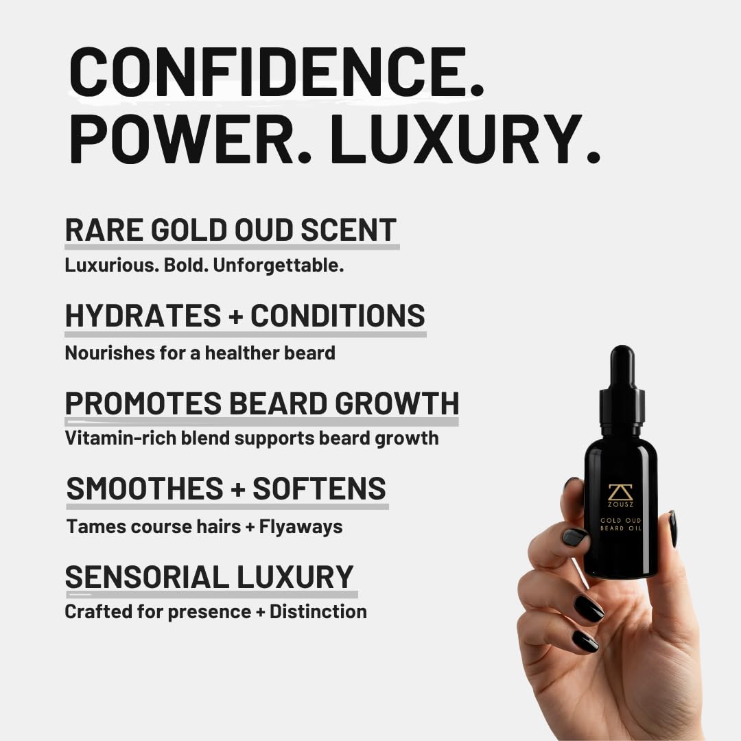 Gold Oud Beard Oil for Men – Premium Beard Growth & Conditioning Oil with Argan & Organic Oils – Softens, Strengthens & Moisturizes – Non-Greasy Vegan Grooming Gift – 30ml