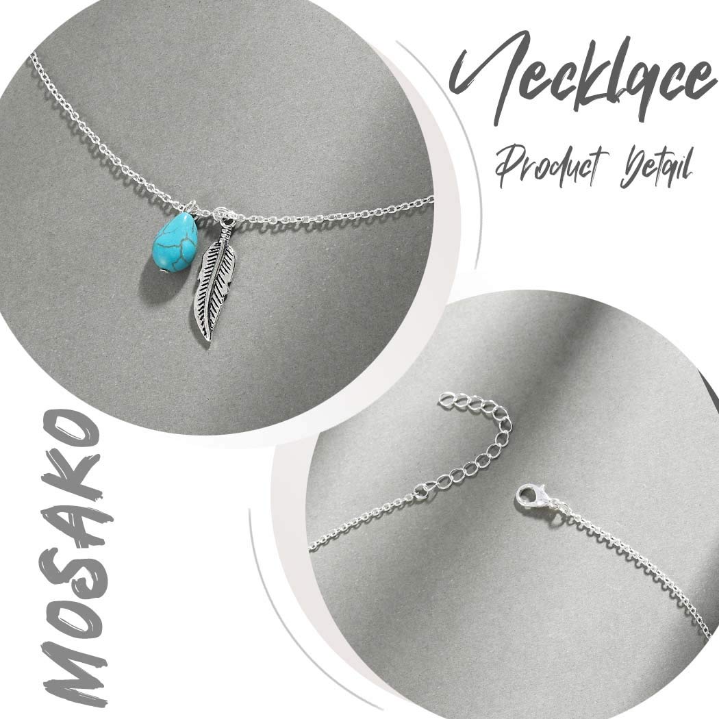 Boho Turquoise Necklaces Silver Feather Pendant Necklace Chain Short Delicate Dainty Necklaces Jewelry for Women