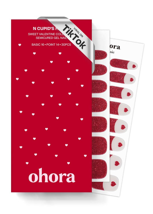 ohora Semi Cured Gel Nail Strips (N Cupid's Heart) - Red, Glitter, Works with Any UV/LED Lamps, Salon-Quality, Long Lasting, Easy to Apply & Remove - Includes 2 Prep Pads, Nail File & Wooden Stick