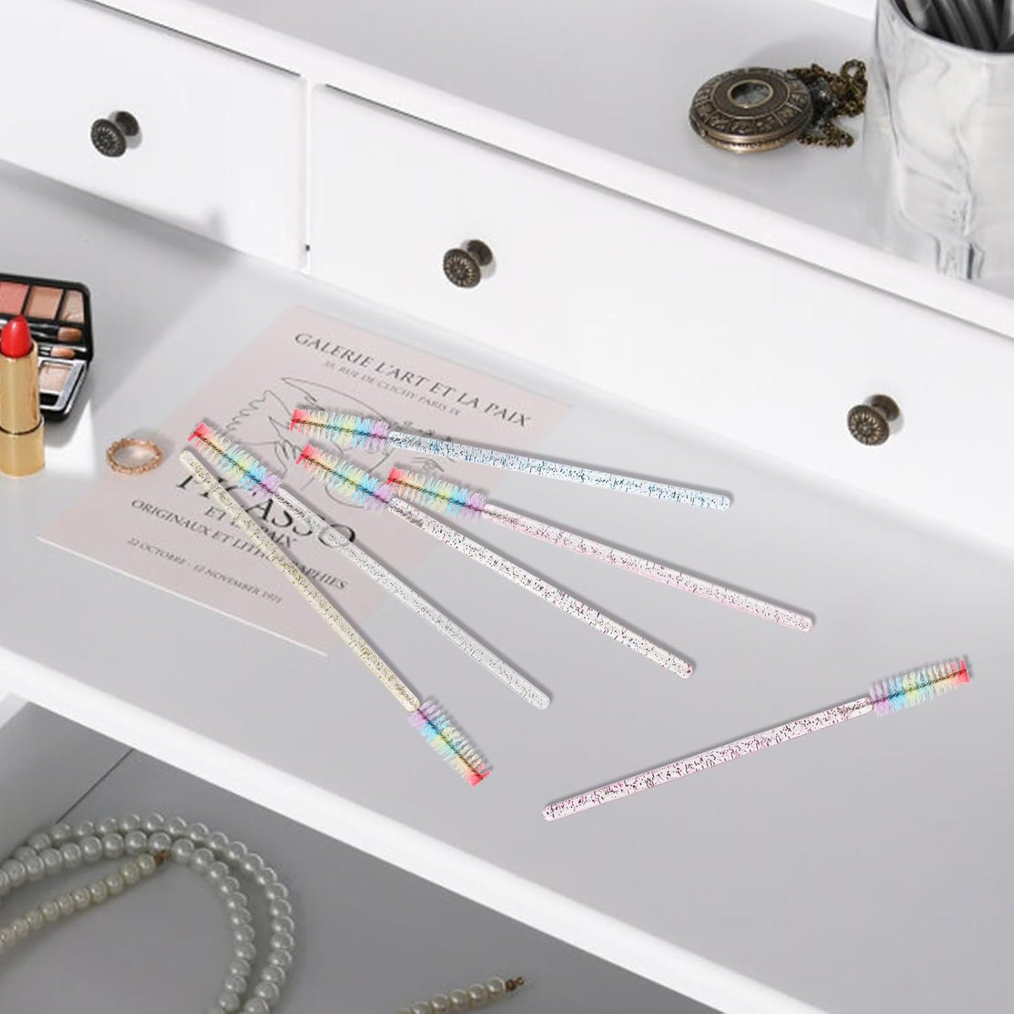 300PCS Disposable Mascara Wands Spoolie Brush Crystal Eyebrow Brushes Eyelash Extension Applicator Makeup Kits.myaokue-up (Rainbow Heads 6 Color Mix)