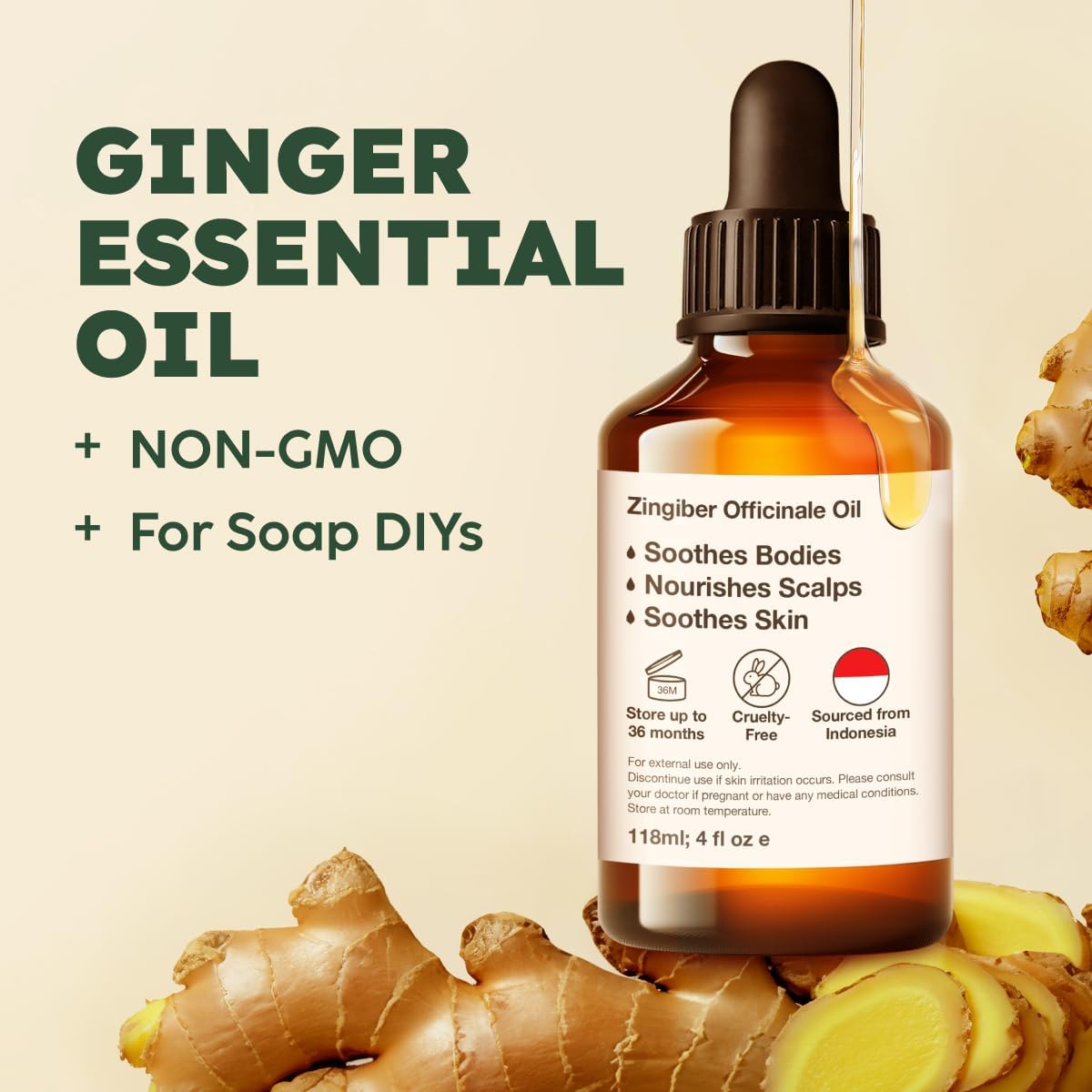 Kukka Ginger Essential Oil for Hair, Skin & Massage - 4 Fl Oz - Enjoy A Warm, Spiced, Ideal for Daily DIYs, Skin Care, Self-Care, DIY Soap Making Scents