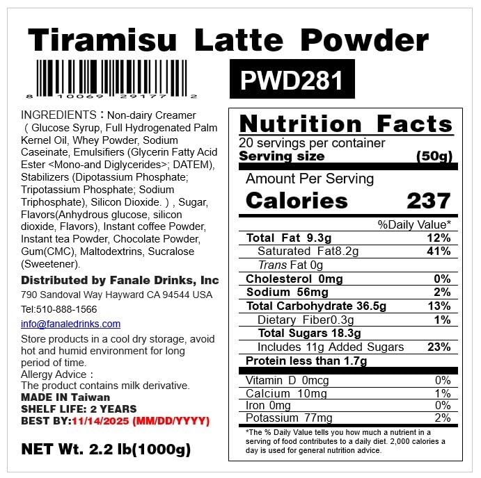 Fanale Premium Tiramisu Flavor Powder | Bubble Tea Flavoring Powder | Perfect for Baking, Smoothies, and Drinks - 2.2 lb 1kg | PWD281