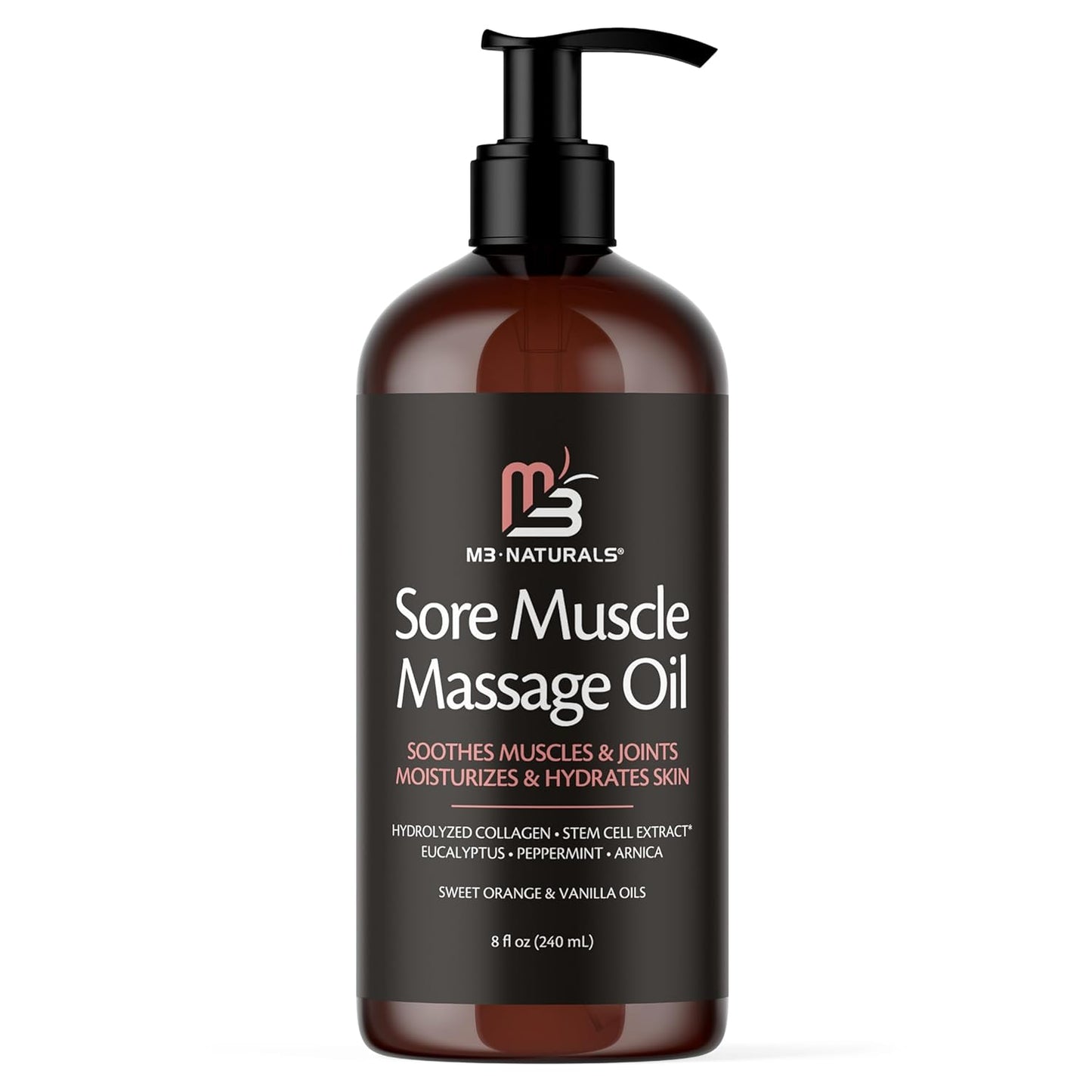 M3 Naturals Arnica Sore Muscle Massage Oil with Collagen, Stem Cells, and Menthol, Anti-Cellulite Therapy for Full Body, Fast-Absorbing Multipurpose Treatment