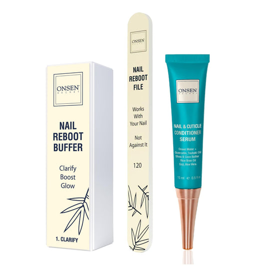 Onsen Japanese Nail File Buffer Sparkle-KIT 1.0, A Free 120/180 Grit Nail File,3-Way Buffer Block, Cuticle Serum with Cuticle Oil in Action-15ml, Optimum Care Series