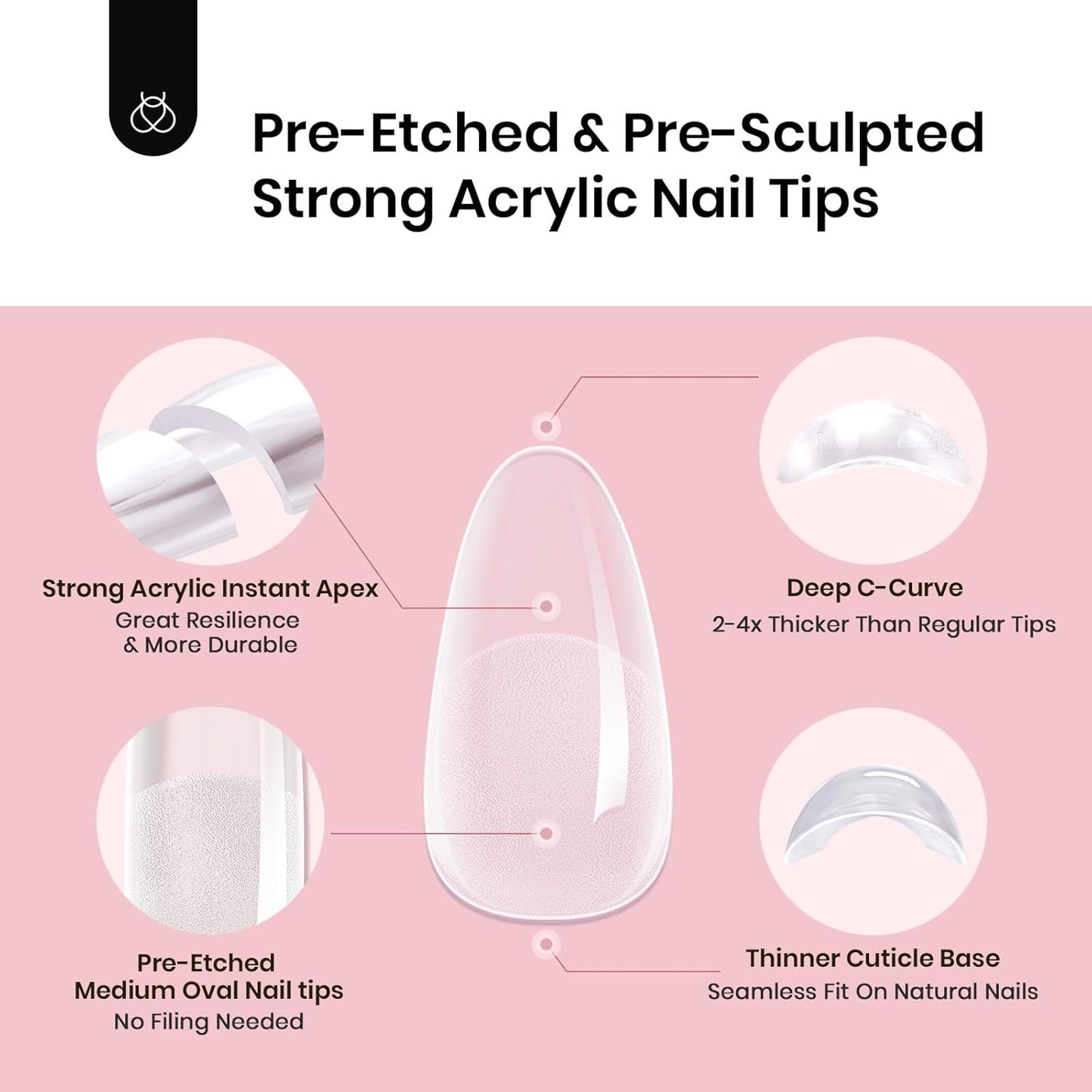 Beetles Tipex Instant Apex Nail Tips, Medium Oval Almond Acrylic Nails 192 Pcs Pre-Building Pre-Etched Thicker Gel Nail Tips - 16 Sizes Strong Full Cover False Nail