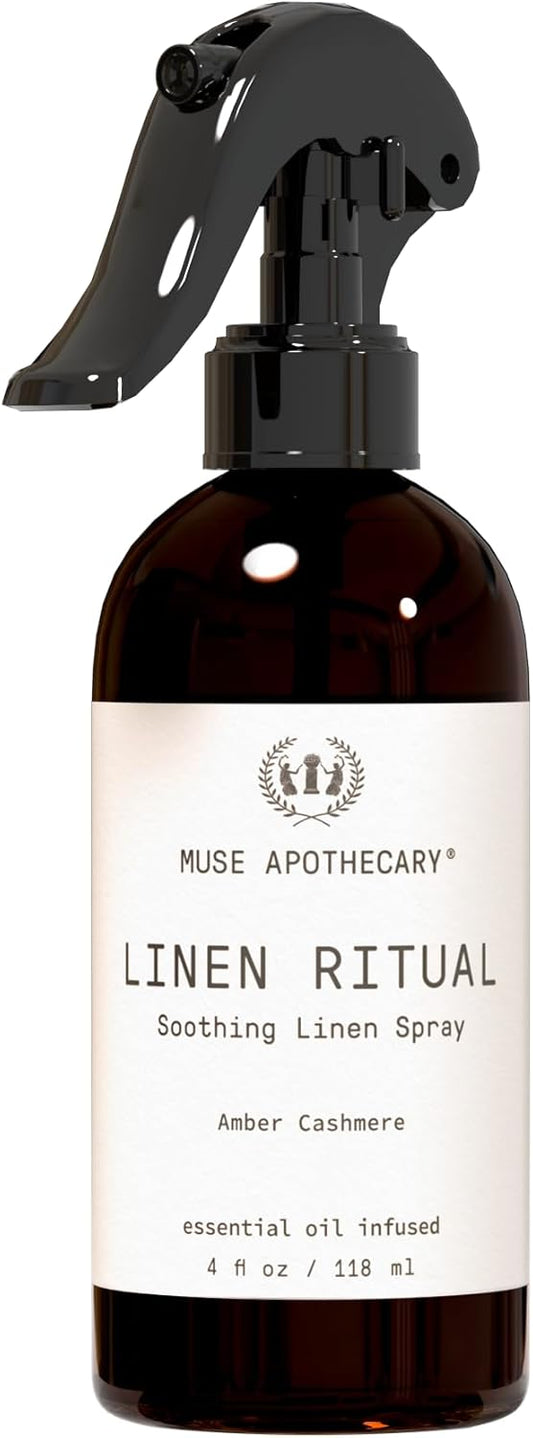 Muse Apothecary Linen Ritual - Aromatic, Soothing, and Relaxing Linen Mist, Laundry and Fabric Spray - Infused with Aromatherapy Essential Oils - 4 oz, Amber Cashmere
