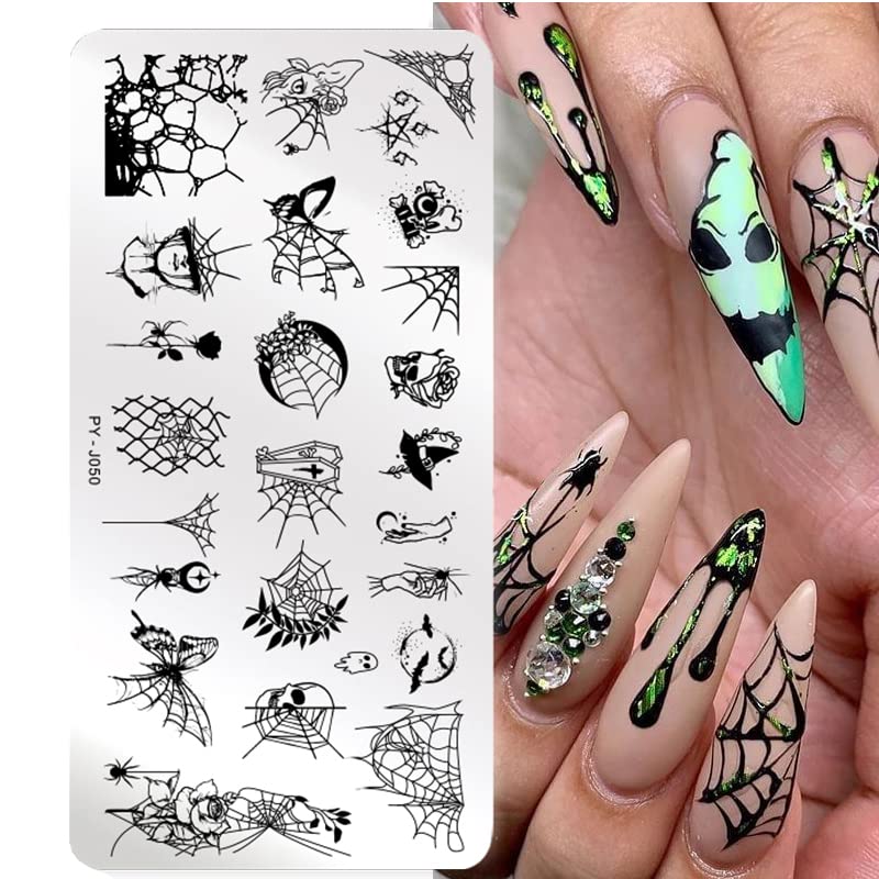 6Pcs Halloween Nail Stamping Plates Fall Maple Leaf Nail Stamper Template Kit Ghost Bat Skull Spider Web Design Nail Decorations Supplies