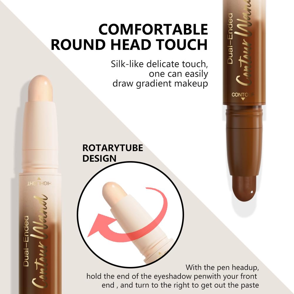 2Pcs 2in1 Cream Contour Highlighter Stick, Dual-Ended Highlighter Makeup Contour Stick, Contour Stick Dual Ended For Face Body Makeup, Long Lasting Waterproof for All Skin Tones (05+06)