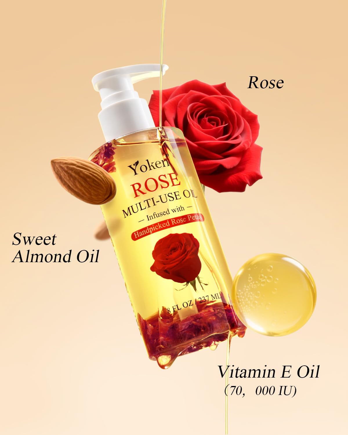 Yoken Multi-Used Body Oil For Skin,Face,Hair and Nails,Multi Purpose Organic oil With Rose Petals,Vitamin E & Almond Oil Nourishing & Hydrating,Body Oil for Moisture & Skin After Bath Oil,8 Fl Oz