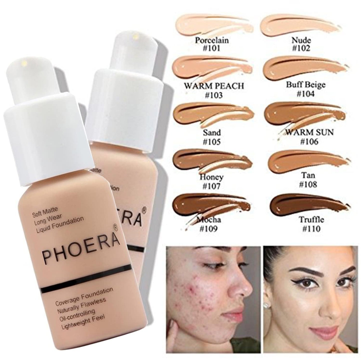 PHOERA Foundation, PHOERA Matte Liquid Foundation,PHOERA Makeup for Women, PHOERA Foundation Full Coverage Concealer, 30ml 24HR Matte Oil Control Concealer (109-Mocha*2)