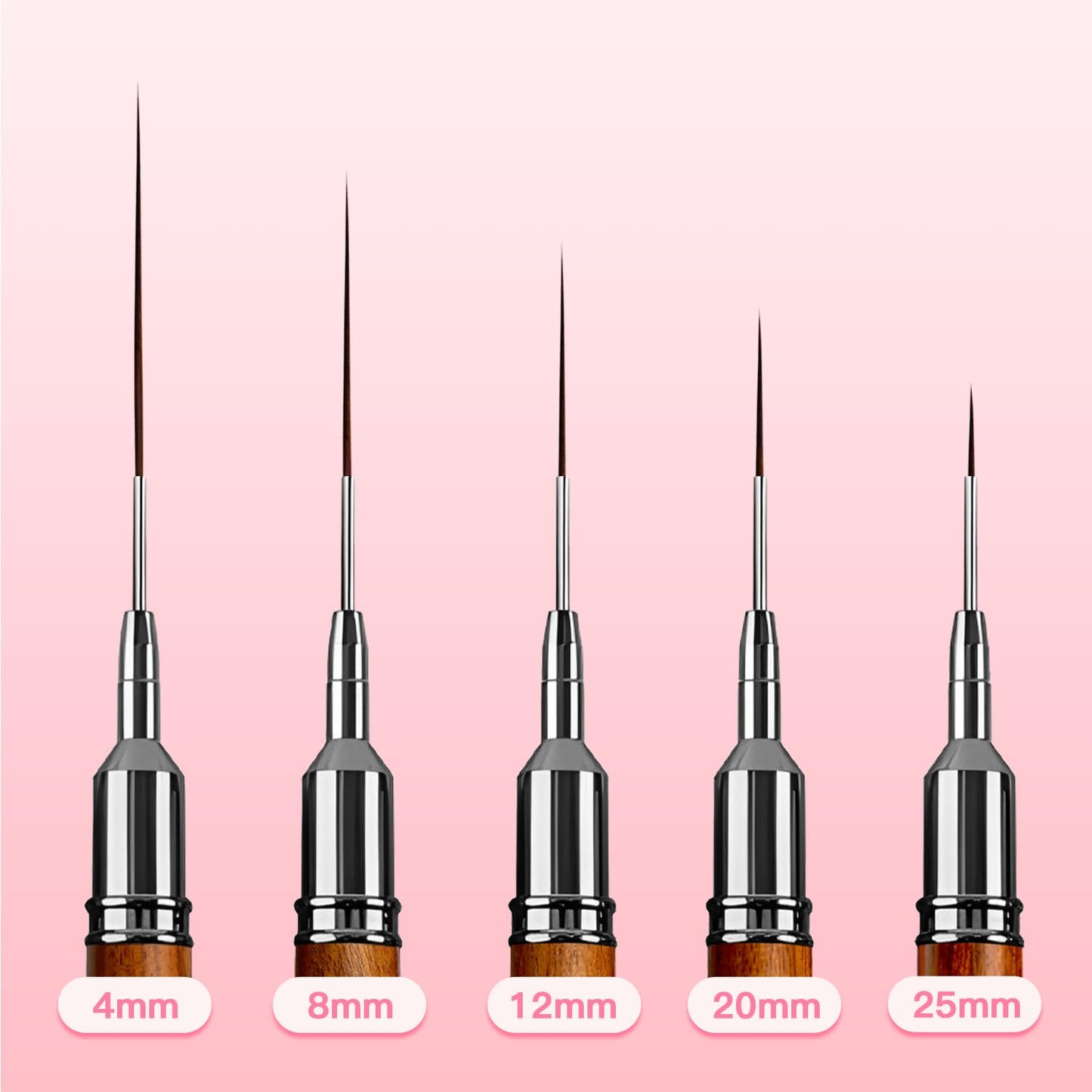 Nail Art Brushes, 5Pcs Wooden Handle Liner Brush Set, UV Gel Polish Painting Art Design Pen for Long Lines, Thin Details, Fine Drawing Sizes 4/8/12/20/25mm(Natural)