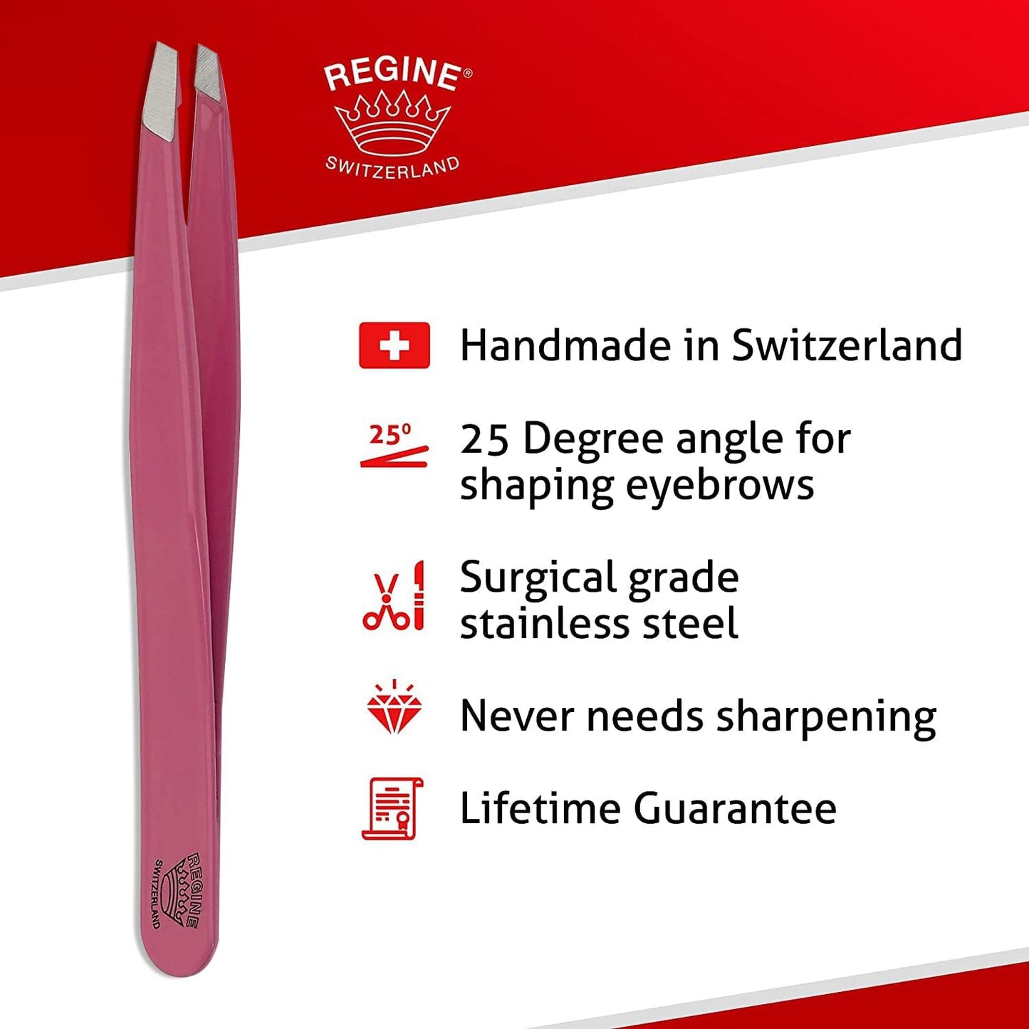 Slant Tweezer - Handmade in Switzerland - Professional Eyebrow & Facial Hair Remover - Etched Interior Grabs Hair from The Root - Perfectly Aligned Tips - Stainless Steel, Pink