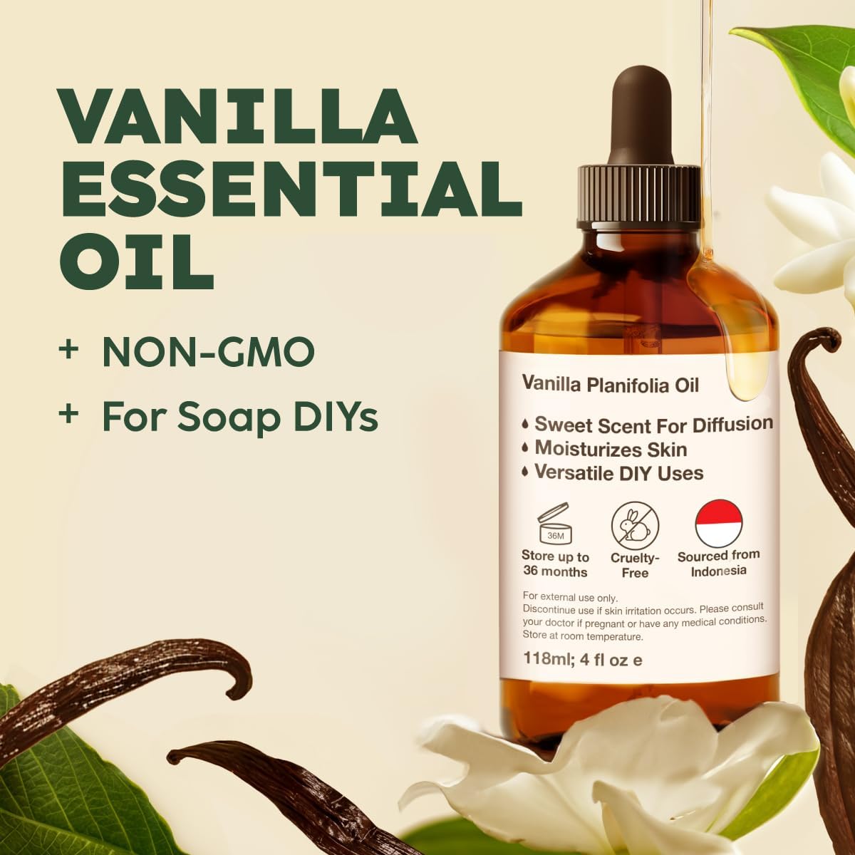 Kukka Vanilla Essential Oil for Diffuser & Skin - 4 Fl Oz - Vanilla Oleoresin Essential Oil - Long Lasting Perfume, DIY Soap Making Scents