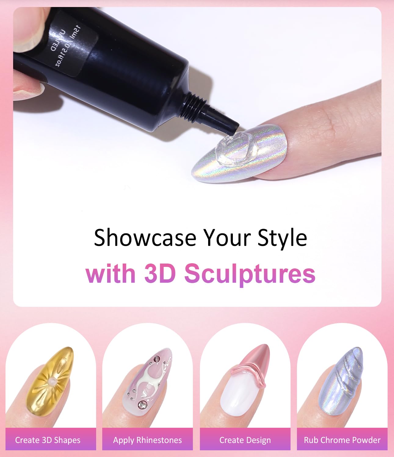 3D Nail Gel - Rose Gold Chrome Nail Powder 15g Clear 3D Sculpting Gel Non-Sticky Hand Hard Gel Carving Gel with Laser Copper Chrome Powder for Nail Art Home DIY