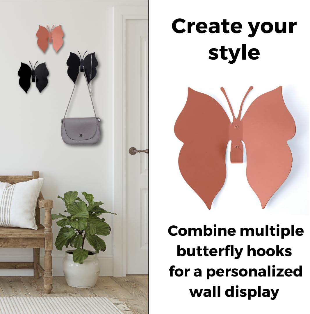 Butterfly 3D Blush Pink Butterfly Wall Hooks: Girl’s Bedroom Double-Hook Coat Rack Mount for Hanging Coat,Clothing,Backpacks,Purses,Jewelry,Towels, Girls Room DécorCut-Out Metal 2 Hangers