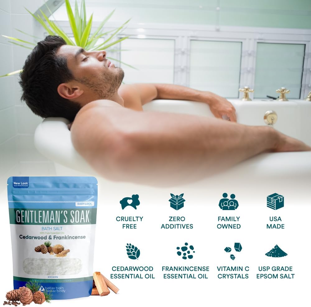 Gentleman's Bath Salt 32 Ounces Epsom Salt with Natural Cedarwood, Frankincense, Eucalyptus and Peppermint Essential Oils Plus Vitamin C in BPA Free Pouch with Easy Press-Lock Seal