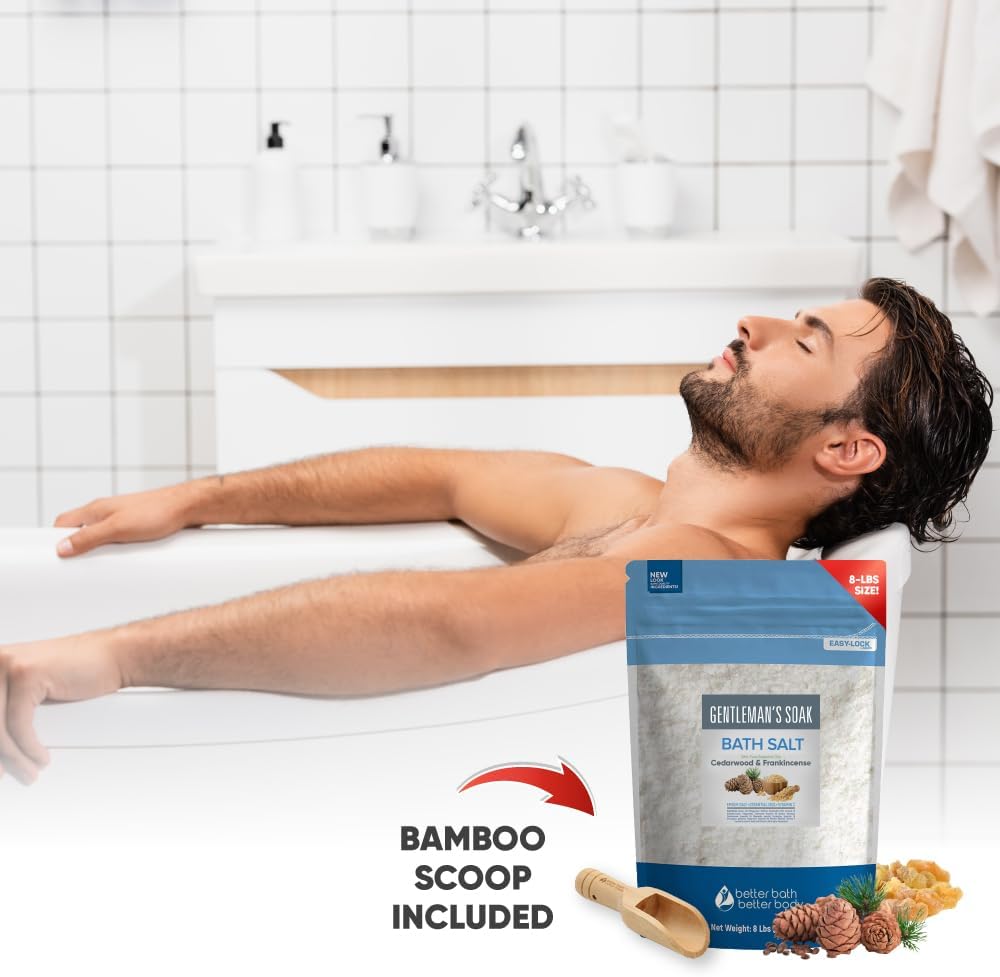 Gentleman's Bath Salt 128 Ounces Epsom Salt with Natural Cedarwood, Frankincense, Eucalyptus and Peppermint Essential Oils Plus Vitamin C in BPA Free Pouch with Easy Press-Lock Seal