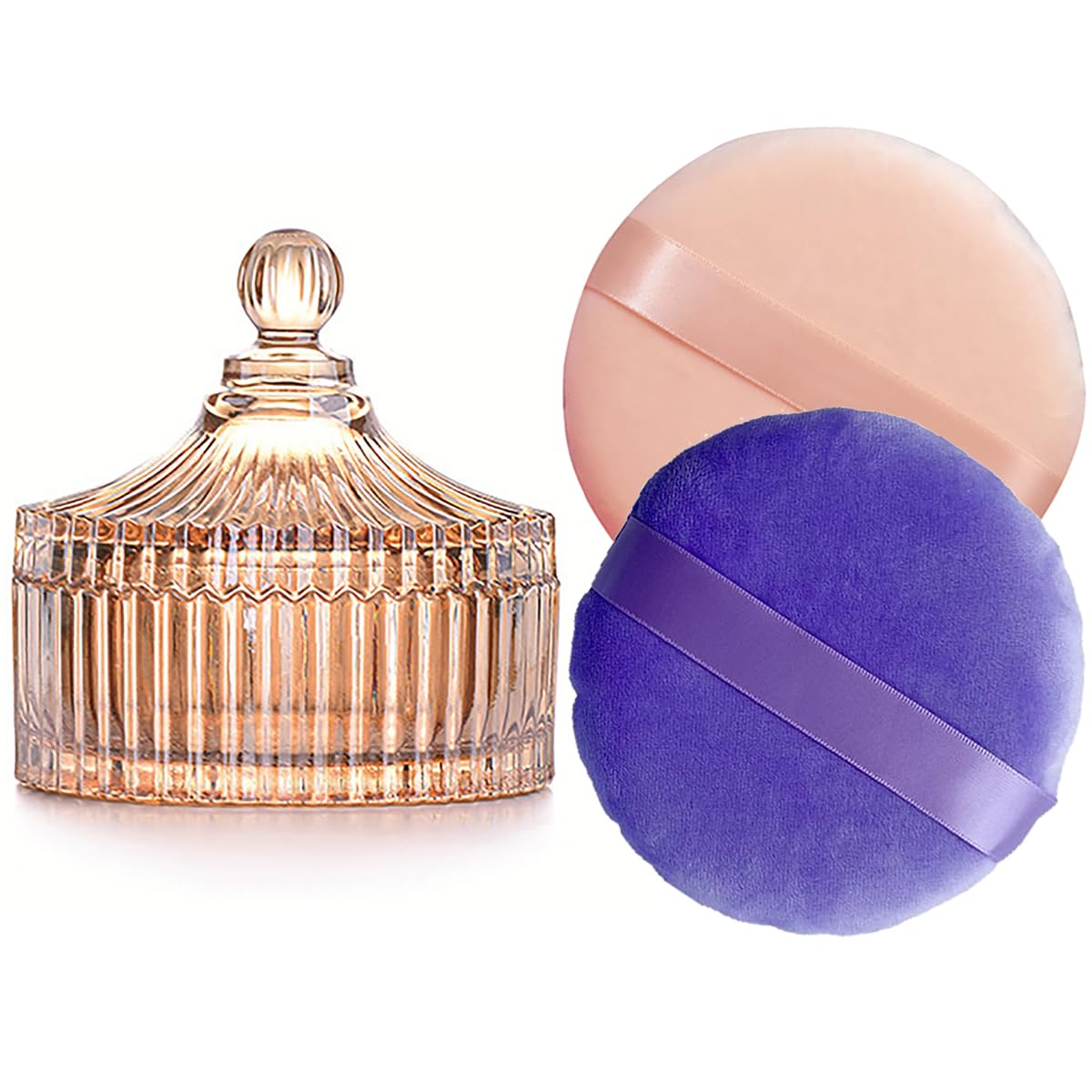 2 Pack Extra Large 5.2" Beige & Purple Powder Puffs and 5.3" Glass Container – Oversized Soft Body & Face Large Powder Puff Dusting Powder Jar Holder Case(Amber Glass)