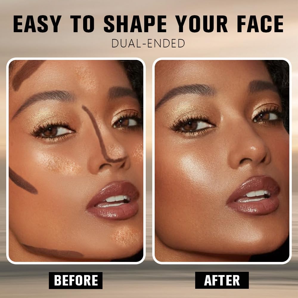 Dual-Ended 2-in-1 Cream Contour & Highlighter Stick – Waterproof, Long-Lasting for Face & Body Makeup, Suitable for All Skin Tones, 06#Black Cocoa + Bronzer Shimmer