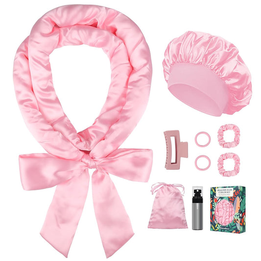 Satin Heatless Curls Overnight Hair Curlers to Sleep In Hair Curler Rollers No Heat Hair Wrap for Curls Headband, 70" Satin Heatless Curling Rod Set for Women Long Waves Hair Volume -Pink 9PCS