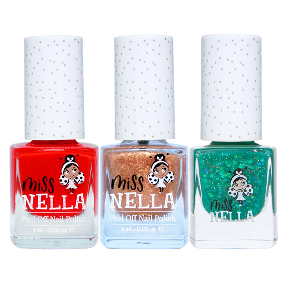 MISS NELLA CHRISTMAS SPARKLE- Peel Off, Odour Free, Water Base & Safe for kids nail polish pack of 3- green (glitter), red & gold (glitter)