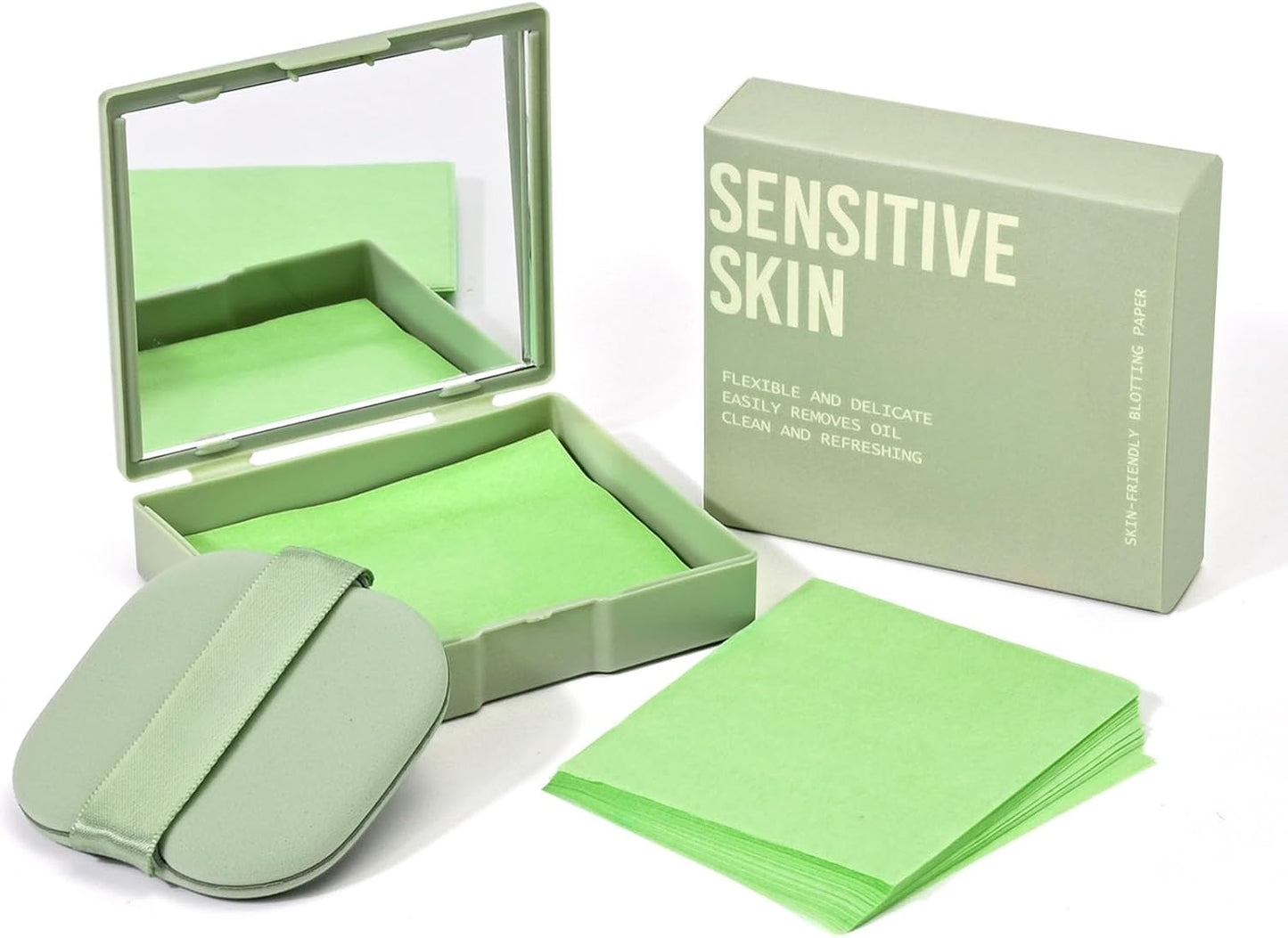 KYDA 200 Sheets Oil Blotting Paper with Mirror and Puff, Refills Included, Face Oil Absorbing Sheets, Oil Control Paper, Absorb Excess Oil, Makeup Friendly