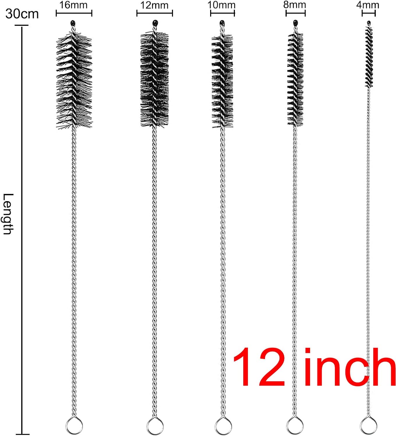 Straw Cleaner Brush Extra Long 12 inch, 10 PCS Straw Cleaner Brush Bristles Diameter (4+8+10+12+16mm) for Cleaning Straws, Pipe, Sippy Cup and Bottle