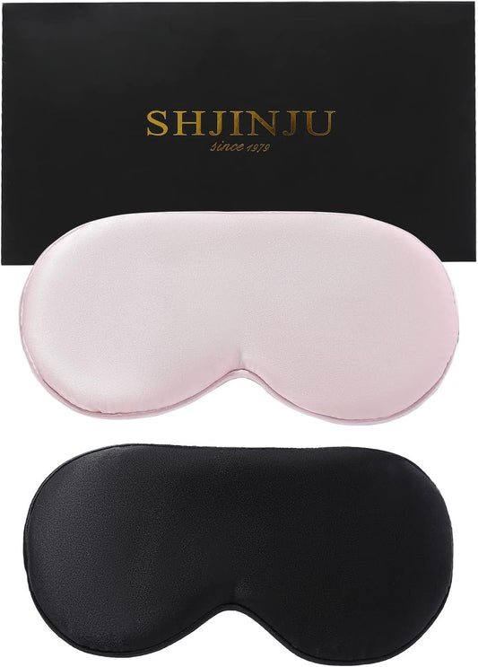 2-Pack 100% Real Natural Silk Eye Mask, Silk Sleeping Mask, Shade Puffy Eye Gift with Adjustable Straps, Sleep Eye Mask, SHJINJU Eye Mask Shade (Black and Light Pink)