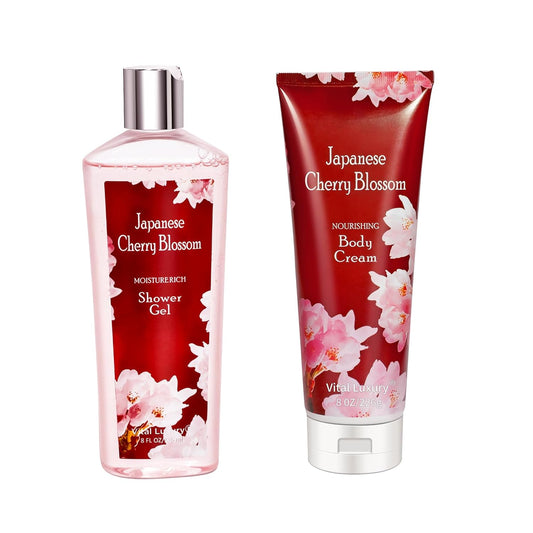 Japanese Cherry Blossom Shower Gel and Body Cream Set - Nourishing and Moisturizing Daily Skincare - 8 fl.oz / 236mL Each, Christmas Gifts for Her and Him (Japanese Cherry Blossom)