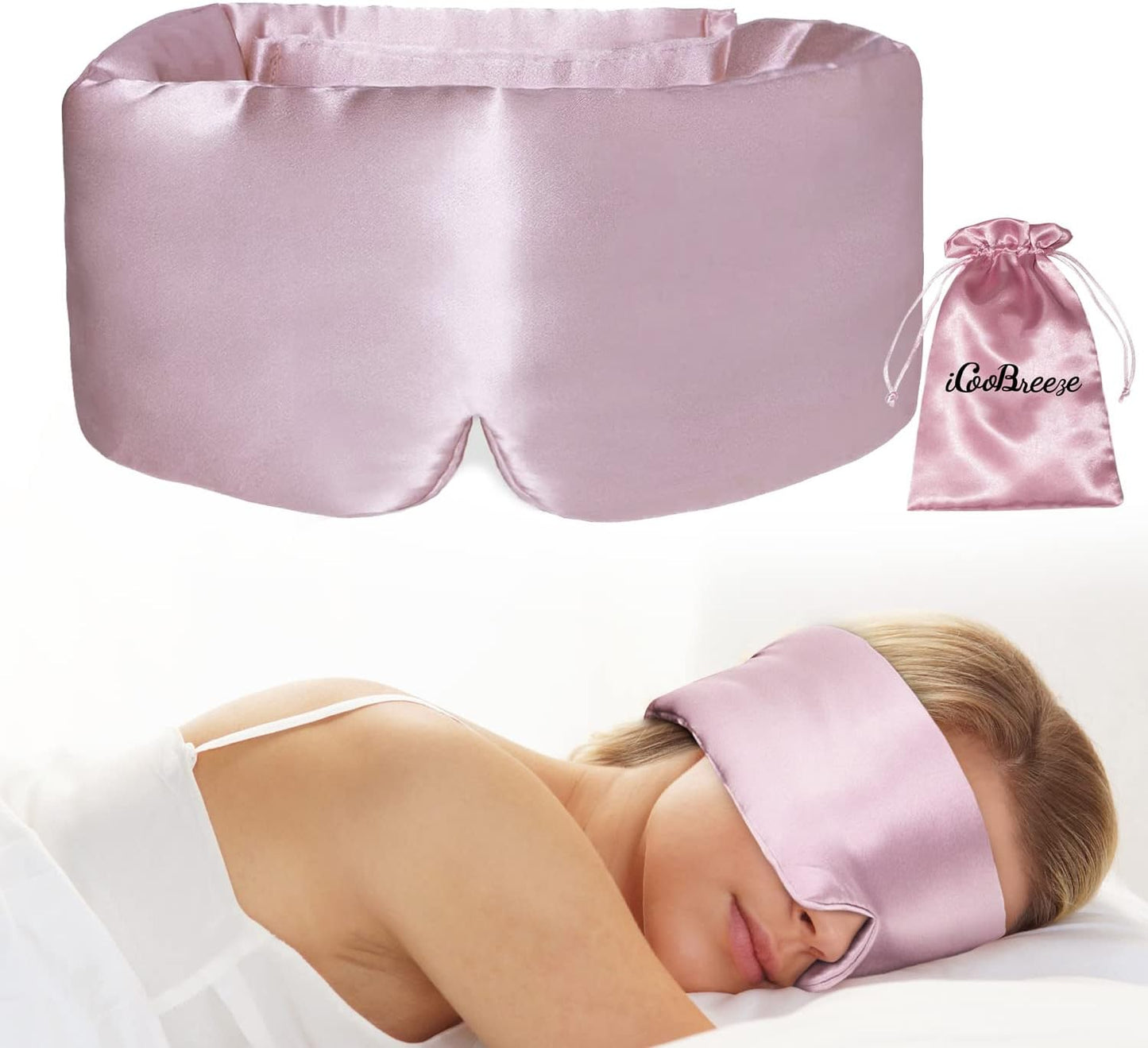 100% Natural Silk Eye Mask for Women Men, Soft Pressureless Cooling Blackout Eye Covers for Sleeping, Large Size Sleep Mask fits All Heads Adjustable, 1PC, Lotus Pink