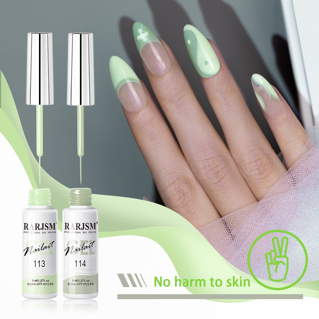 RARJSM Nail Art Liner Gel Nail Polish,Pastel Green Spring Summer Colors Pigment Gel Art Paint for Swirl Nails Painting Design Detailing Built in Thin Sharp Nail Brush Soak off Curing Required 8ml