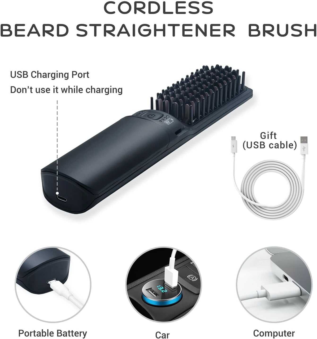 Premium Beard Mini Straightener Brush, Professional Straightener Brush for Men, Rechargeable 6400 mAh Straightening Tool Heated Comb, for Short & Long Beards for Home and Travel