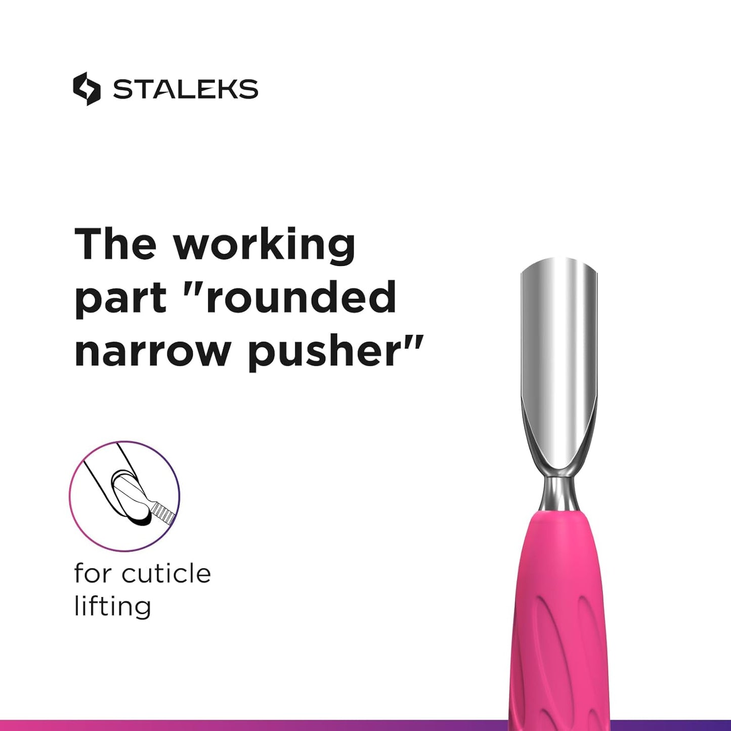Staleks Manicure pusher Gummy with silicone handle UNIQ 10 TYPE 2 – Stainless Steel – Professional Cuticle Tool (rounded narrow and beveled pusher)
