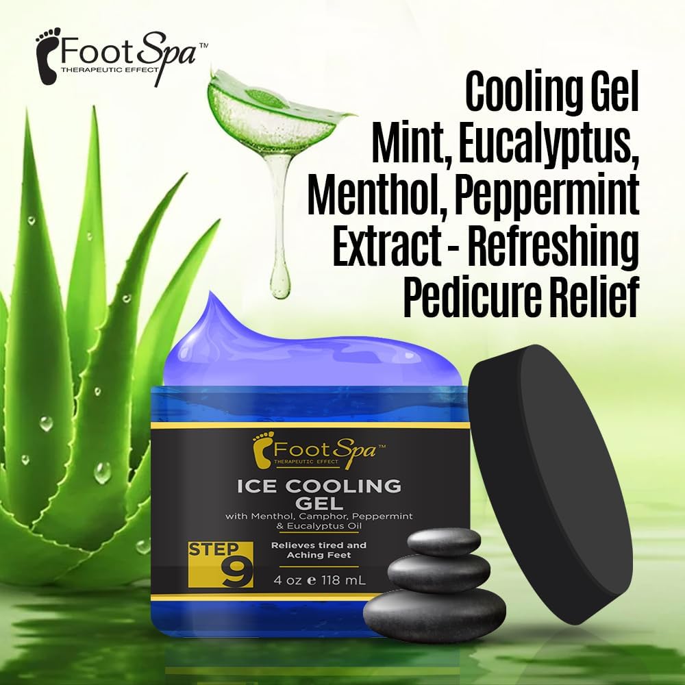 Foot SPA - Massage Cooling Gel for Pedicure Treatment with Menthol, Camphor, Peppermint and Eucalyptus Oil, Professional Strength Foot and Leg Ice Cooling Gel Therapy, Relives Tired Aching Feet, 4 oz