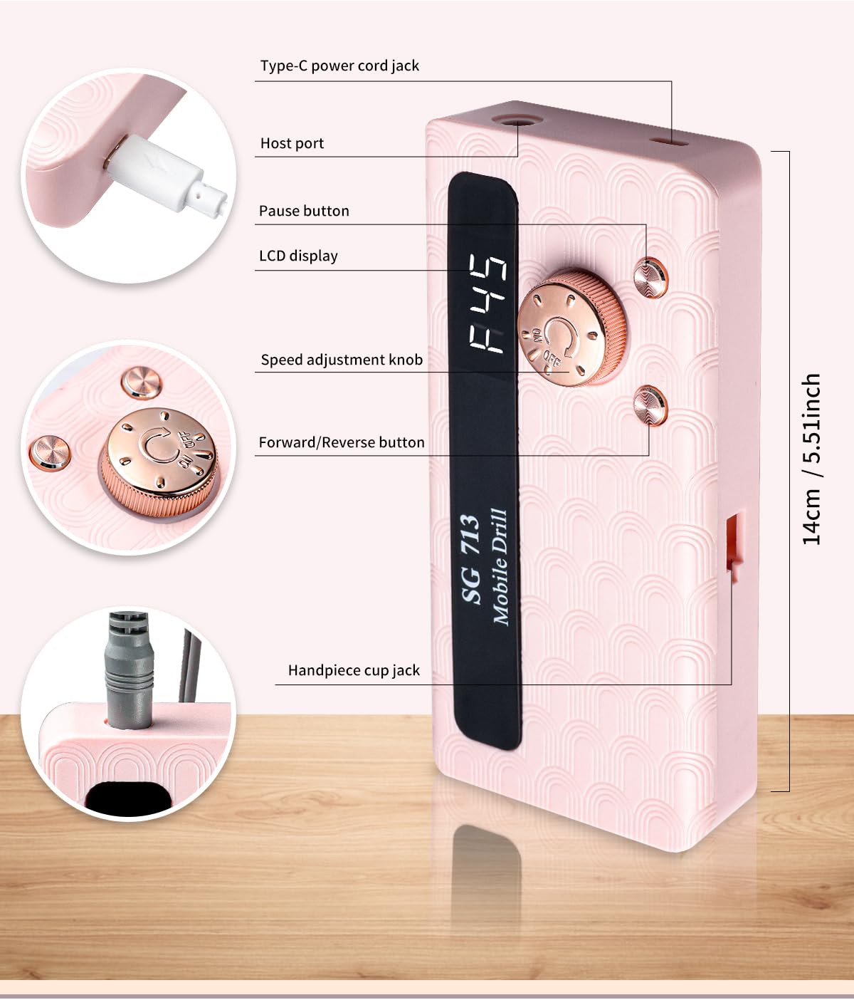 Electric Nail File Professional Kit - 45000RPM Portable Nail Drill Electric File with 11 Bits & Base丨LED Screen丨Ultra-Silent, Rechargeable Nail Drills Machine for Acrylic Nails Gel Polishing (Pink)