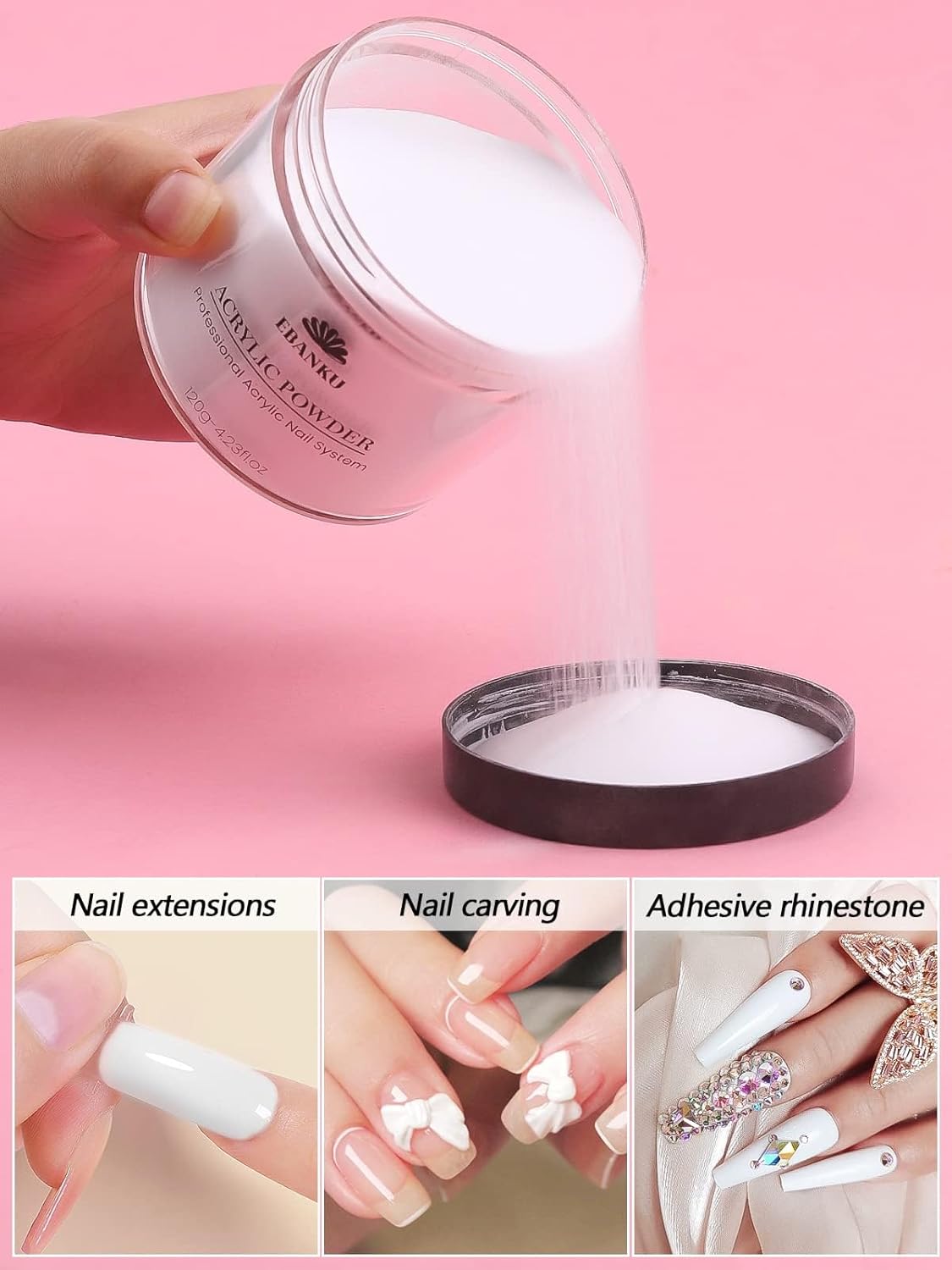 EBANKU Acrylic Powder Professional White Acrylic Nail Powder Long Lasting for 3D Fingernail Carving & Nail Extensions, Milk White Acrylic Powder, No Nail Lamp Needed, 120g/4.23oz Big Capacity