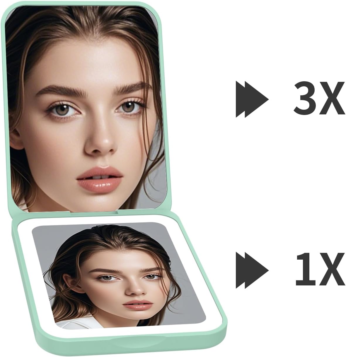 Kintion 2025 Pocket Mirror, Rechargeable Dimmable 3 Color Lighting 1X/3X LED Compact Travel Makeup Mirror for Purse, Portable, Folding, Handheld, Small Lighted Mirror for Women Gift, Cyan