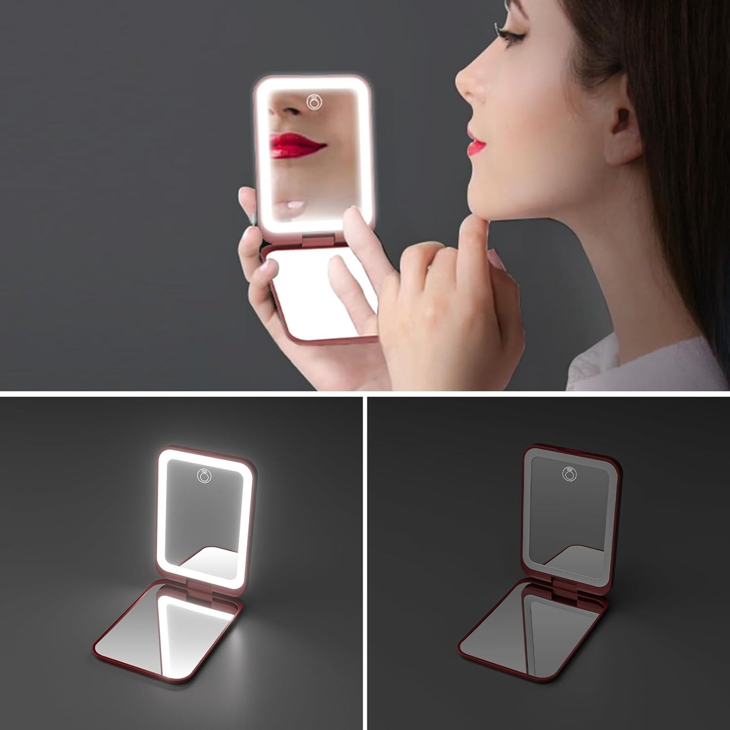 Kintion 2025 Pocket Mirror, Rechargeable Dimmable 3 Color Lighting 1X/3X LED Compact Travel Makeup Mirror for Purse, Portable, Folding, Handheld, Small Lighted Mirror for Women Gift, Wine Red