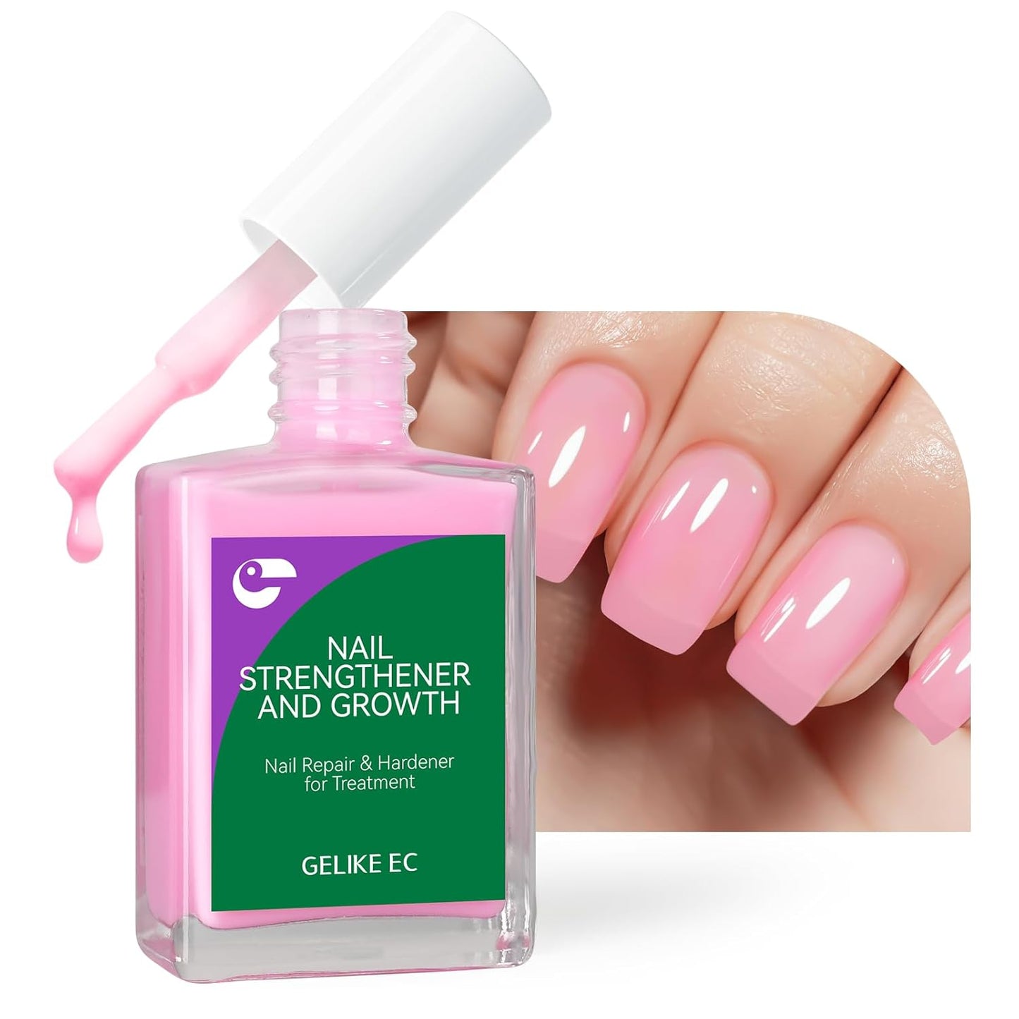 Nail Polish Strengthener and Growth Treatment: Pink 15ml Gelike EC Natural Nail Hardener Extra Strong and Growth - Long Lasting Nail Repair for Damaged Nails - For Daily Work Home Salon