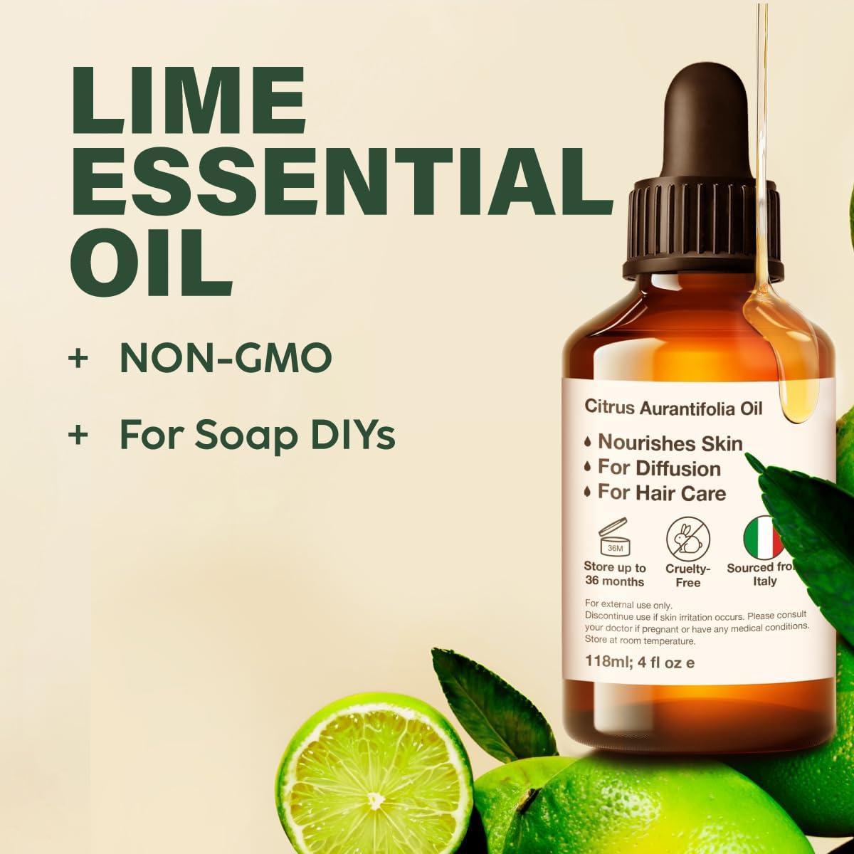 Kukka Lime Essential Oil for Skin - 4 Fl Oz - Lime Oil for Diffuser, Hair, Candles, DIY Soap Making Scents