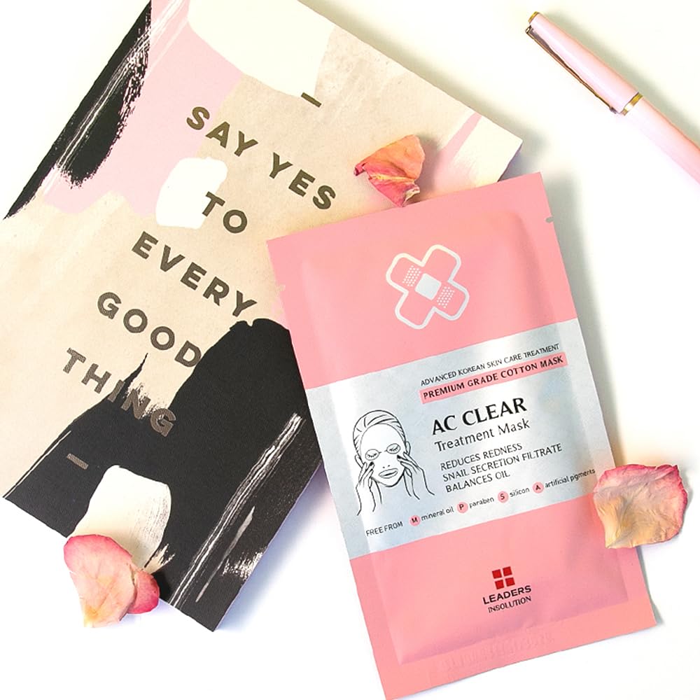 Leaders Insolution AC Clear Skin Clinic Mask | Snail Secretion & Tea Tree Oil for Acne, Redness, Oil Control | 100% Cotton Bemliese Sheet | Balances & Soothes Sensitive Skin (10 Sheets)