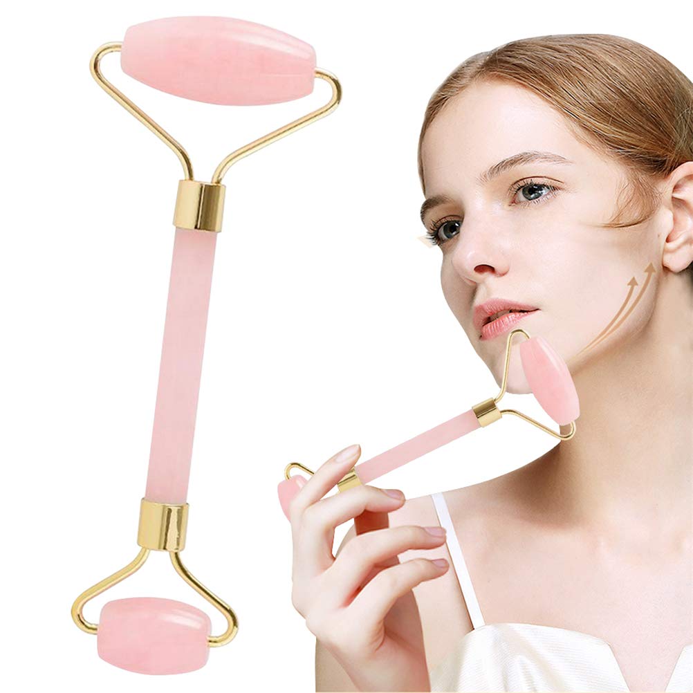 Jade Roller,Rose Quartz Roller for Face,Jade Skincare Tool,Jade Facial Roller,Eye Roller Anti Aging Jade Massager Roller Slimming Healing Chakra Tool A-Rose Quartz (Golden)