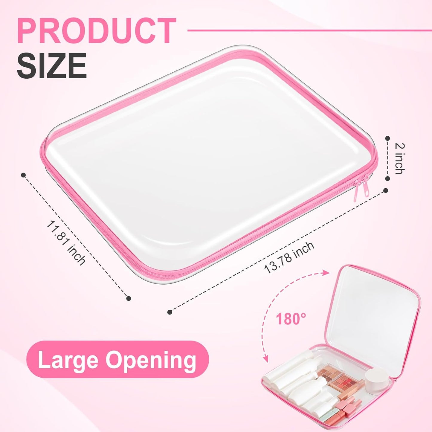 Hoolerry 3 Pcs Clear Hard Zipper Case Plastic Pouch Transparent Hard Case Clear Makeup Bag Portable Travel Organizer Bin for Cosmetics, Building Blocks, Puzzles(Pink,L)