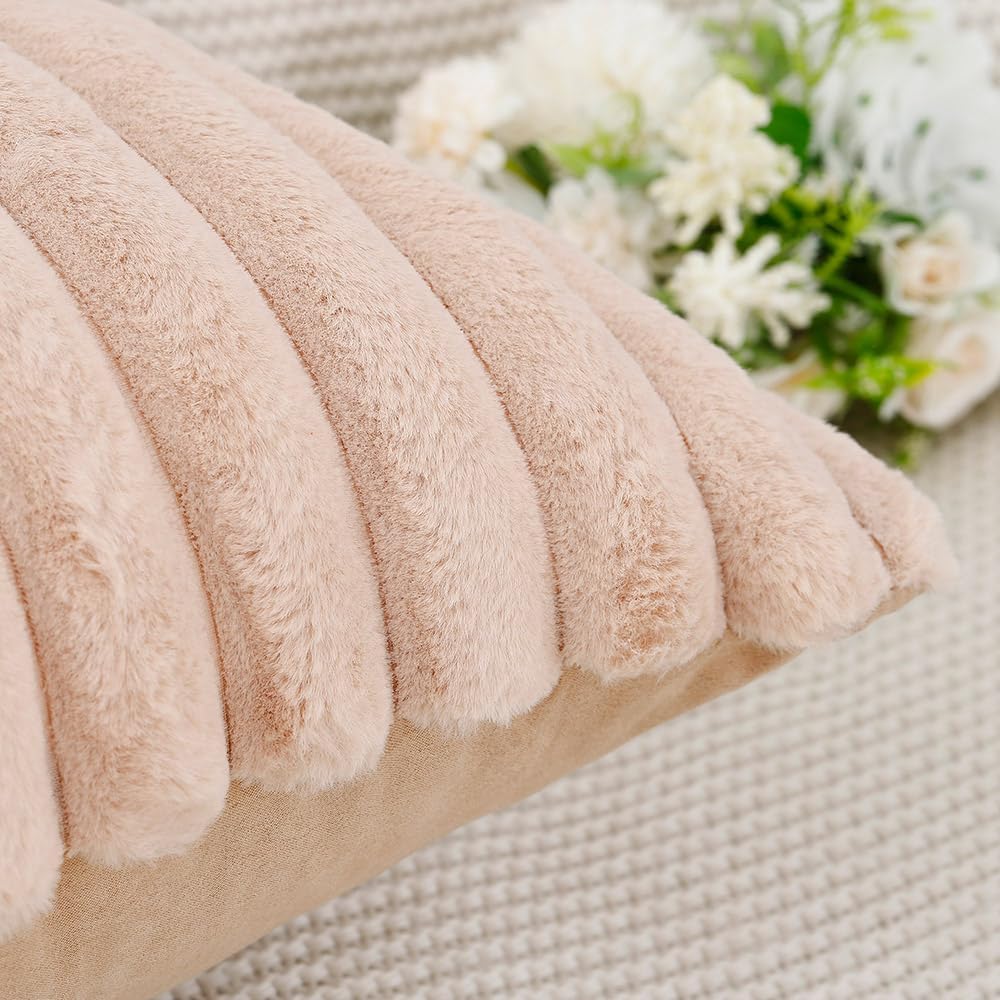 MADIZZ Set of 2 Faux Wool Plush Decorative Throw Pillow Covers 22x22 Inch Light Brown Fluffy Striped Soft Decorative Cushion Cover for Sofa Bedroom Pillow Shell