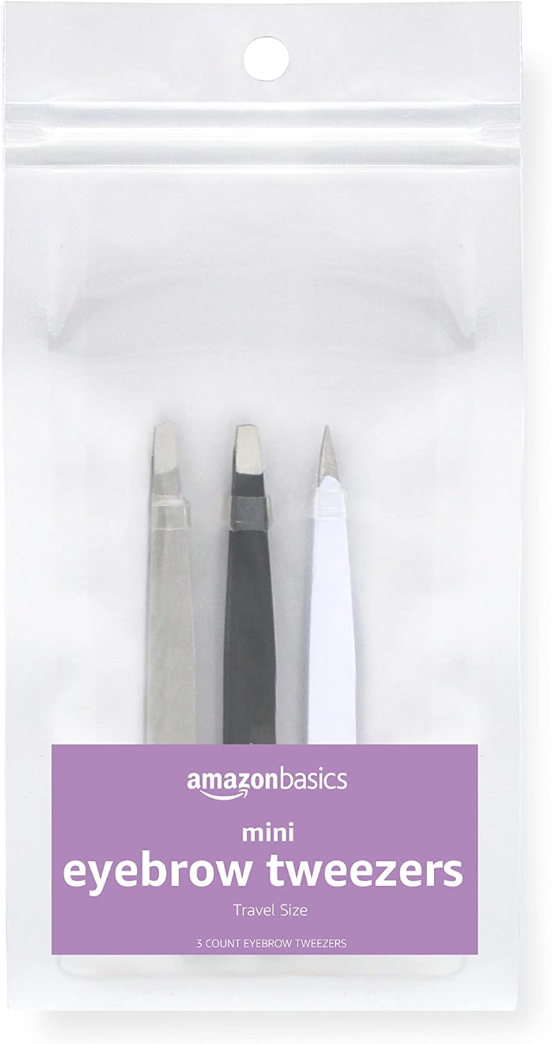 Amazon Basics Mini Eyebrow Tweezers 3-Pack, Black/White/Grey