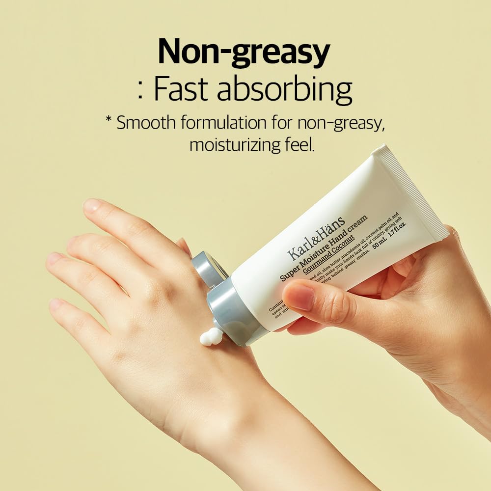 Karl&Hans Super Moisturizing Coconut Vegan Hand Cream - Gourmand Coconut Scent with Shea Butter, Coconut Oil - Organic Daily Hand lotion for Dry Cracked Hands - 1.7 fl oz