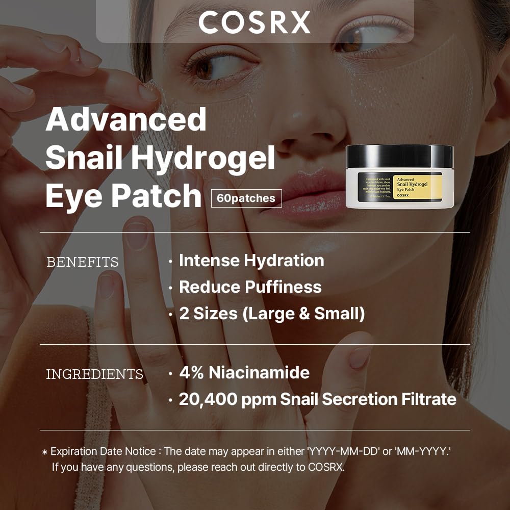 COSRX Advanced Snail Hydrogel Eye Patch (60pc), Gel Serum Mask, Puffy Undereye Treament, Fine Lines, Refresh, Hydrate| Paraben free, Korean Skincare