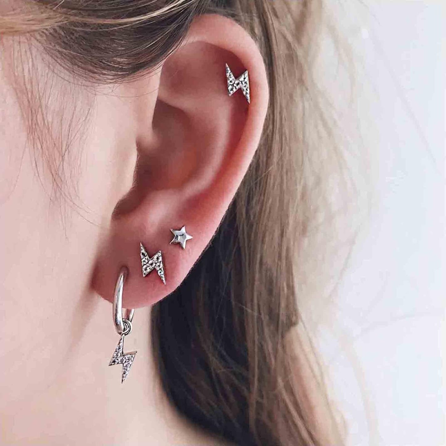 Bohemia Crystal Thunder Hoop Earrings Cz Lighting Bolt Studs Earrings Silver Lighting Drop Earrings Multiple Piecing Dot Earrings for Women and Girls