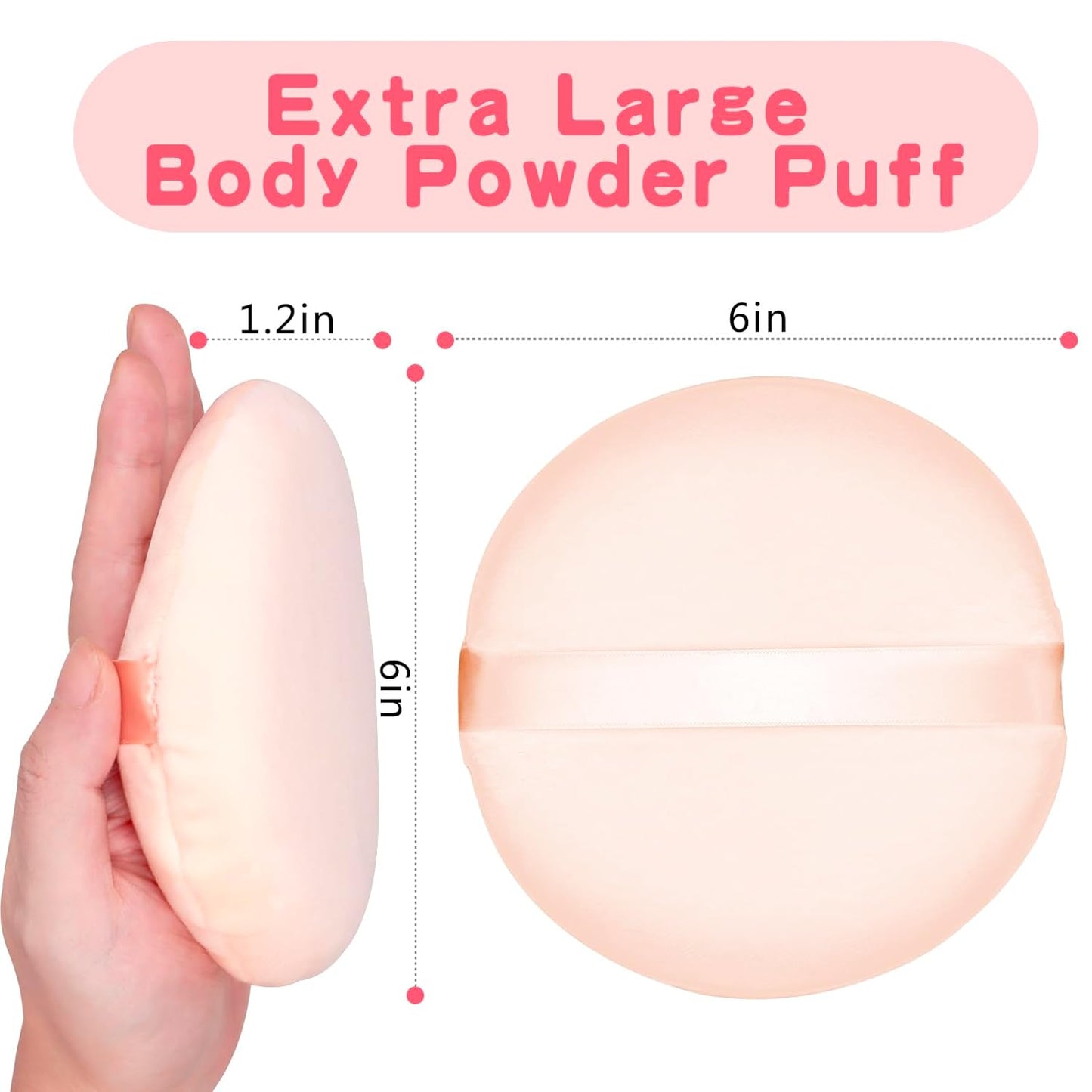 2Pcs Extra Large Body Powder Puff & Luxury 6" Glass Jar Dusting Powder Container with Puff for Women Bath Powder Puffs Perfect for Talcum or Loose Powder (Beige 6" Only Puff)